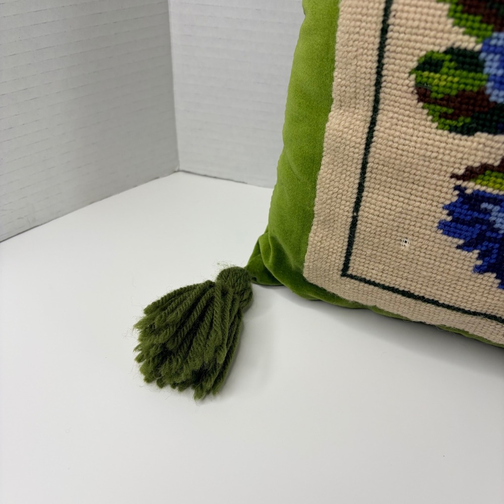 Vtg Floral Needlepoint Pillow Green Velvet Tassels Handmade Boho Cottagecore 70s - Picture 3 of 6